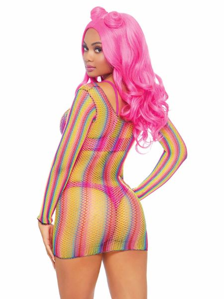 RAINBOW FISHNET LONG SLEEVED MINI DRESS