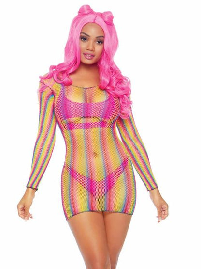 RAINBOW FISHNET LONG SLEEVED MINI DRESS