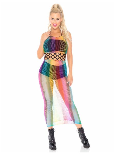 RAINBOW NET LONG HALTER DRESS