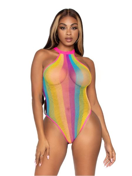 RAINBOW STRIPED HALTER BODYSUIT WITH SNAP CROTCH