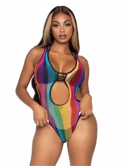 RAINBOW FISHNET CUT OUT BODYSUIT WITH STRAPPY BIKINI BACK