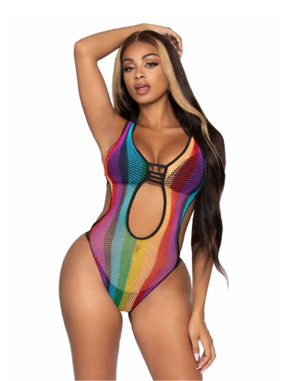 RAINBOW FISHNET CUT OUT BODYSUIT WITH STRAPPY BIKINI BACK