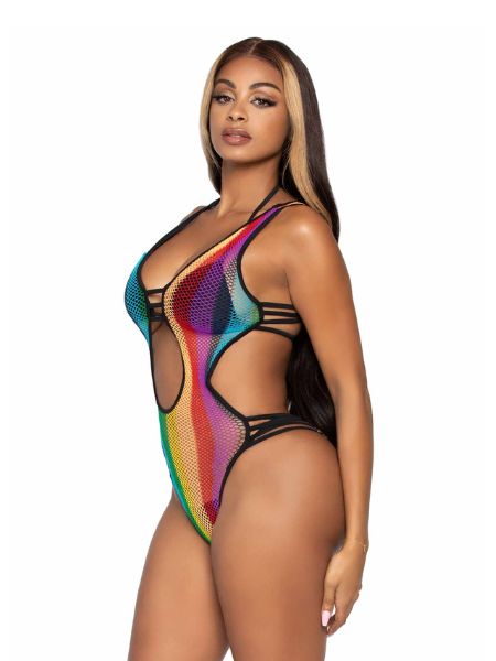 RAINBOW FISHNET CUT OUT BODYSUIT WITH STRAPPY BIKINI BACK