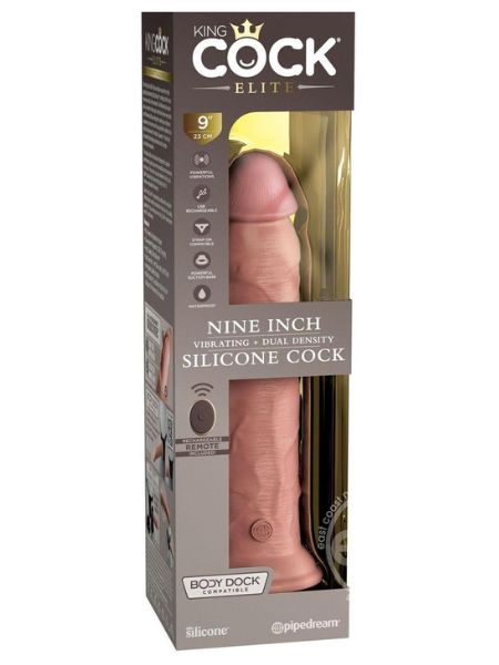 KING COCK ELITE DUAL DENSITY VIBRATING RECHARGEABLE SILICONE DILDO WITH REMOTE CONTROL DILDO 9 IN