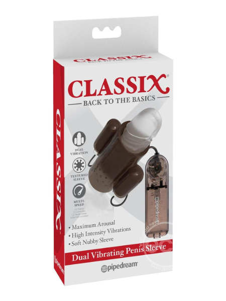 CLASSIX DUAL VIBRATING TEXTURED PENIS SLEEVE WITH REMOTE CONTROL - SMOKE AND CLEAR