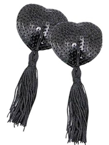 NIPPLE COVER WITH SHINY SEQUIN  HART SHAPE - TASSEL - BLACK/BLACK